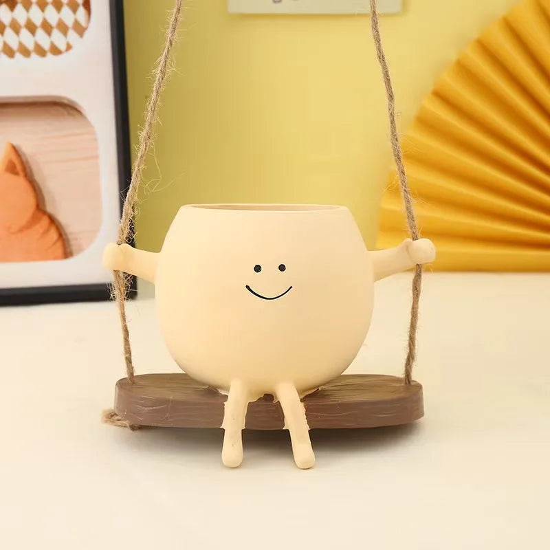 Maceta Carita Feliz con sillita o columpio - Decoración de resina