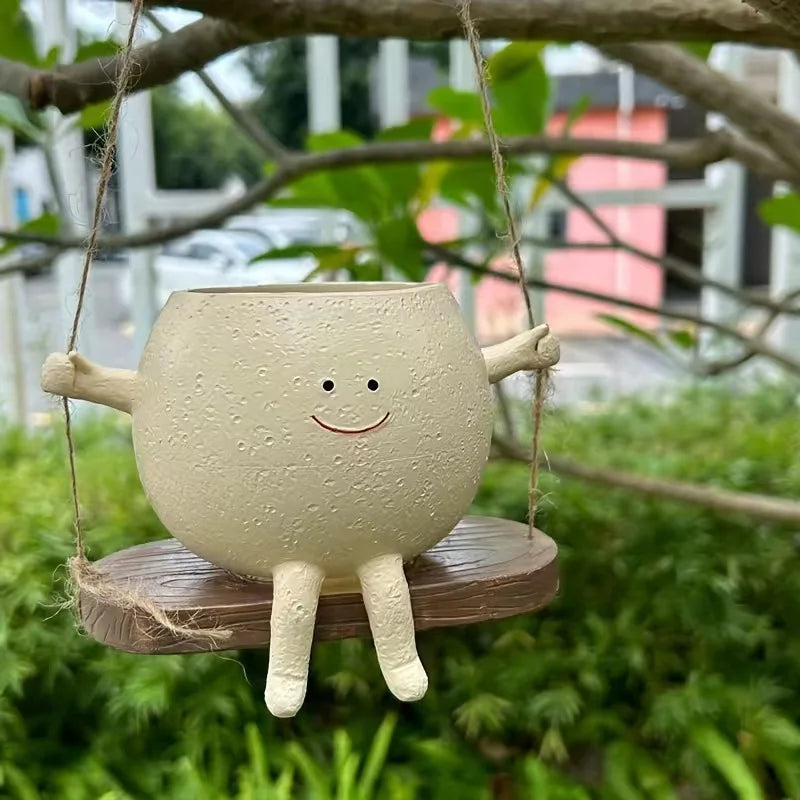 Maceta Carita Feliz con sillita o columpio - Decoración de resina