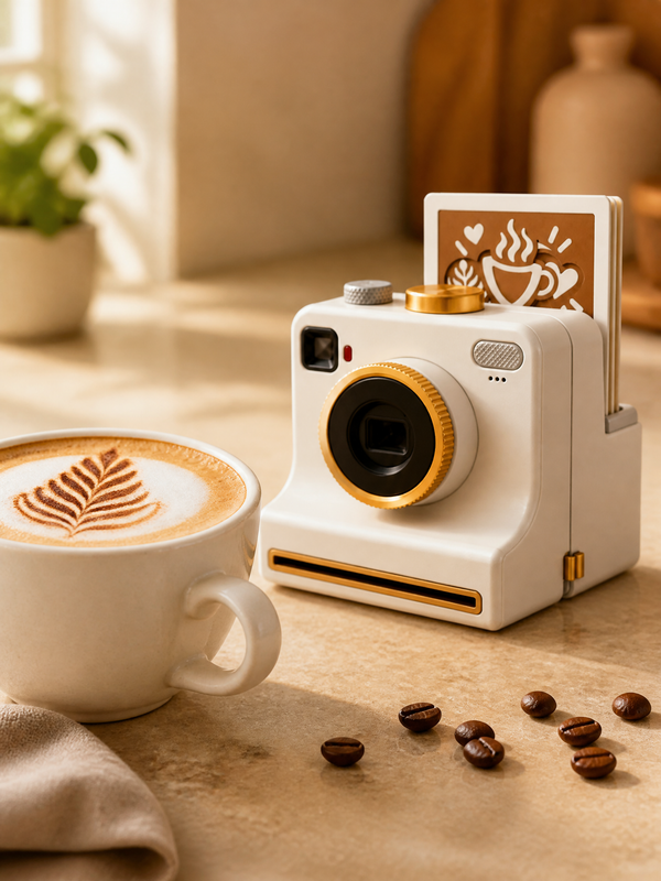 Cámara de latte art blanca junto a un capuchino con dibujo de hoja